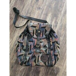 Earthbags Inc Vintage Tapestry Bucket Bag Geometric Pattern Leather Trim Boho...